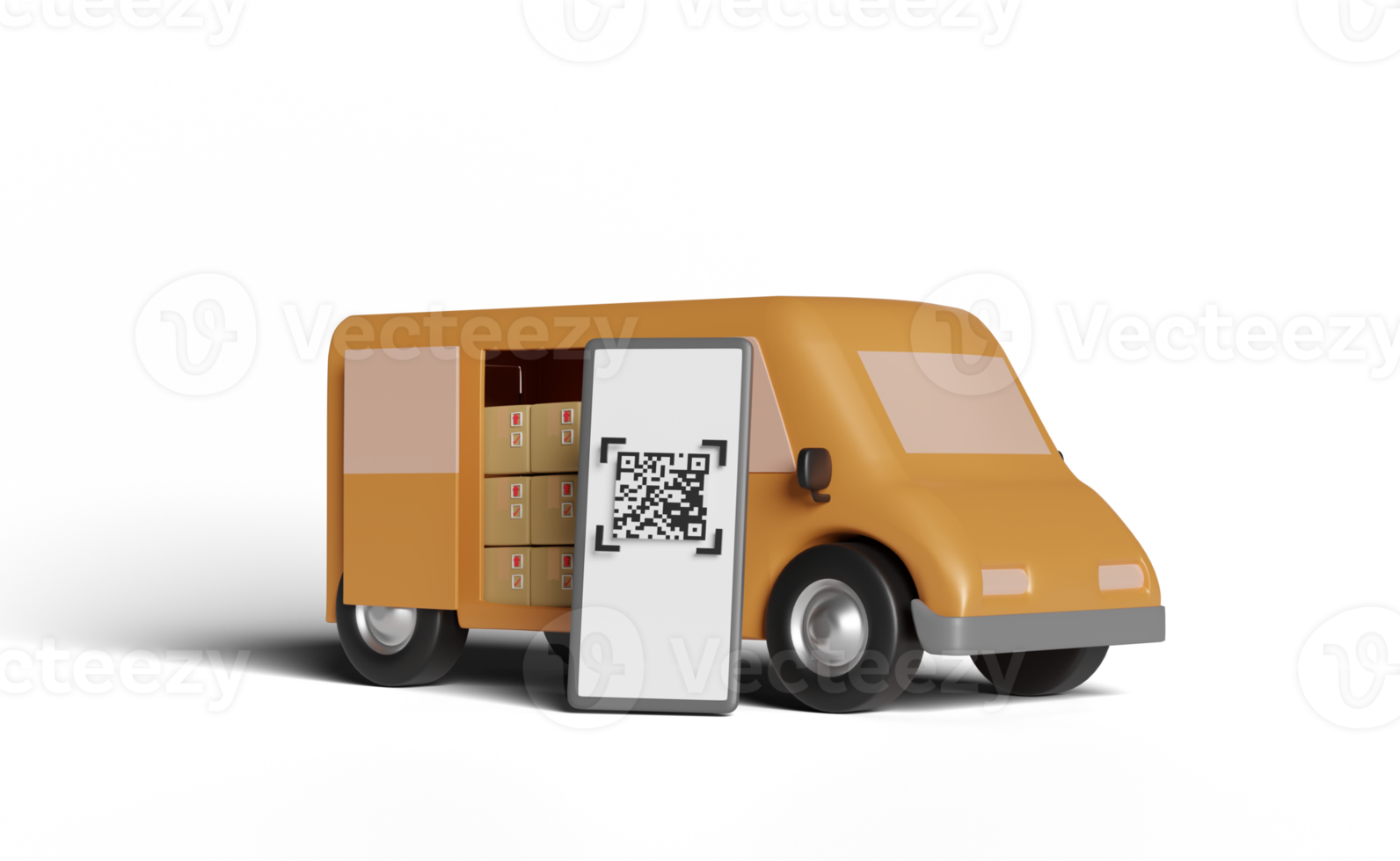 3d delivery van with smartphone, qr code scanning isolated png