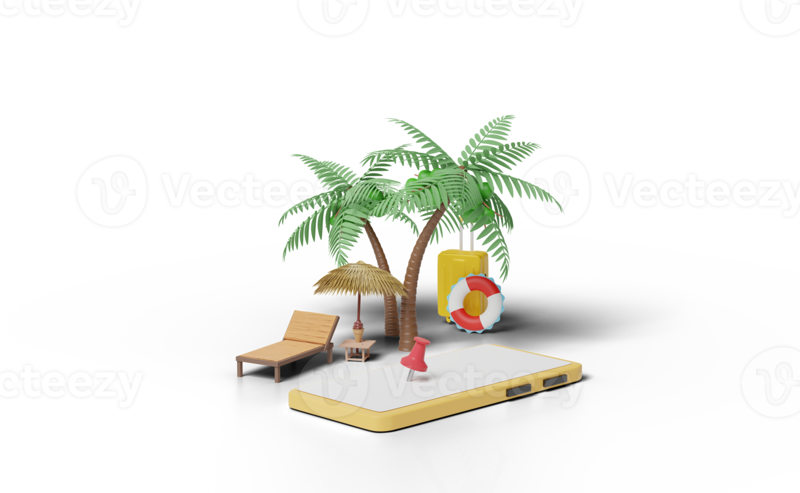 3d smartphone beach chair with pin, palm tree, umbrella png