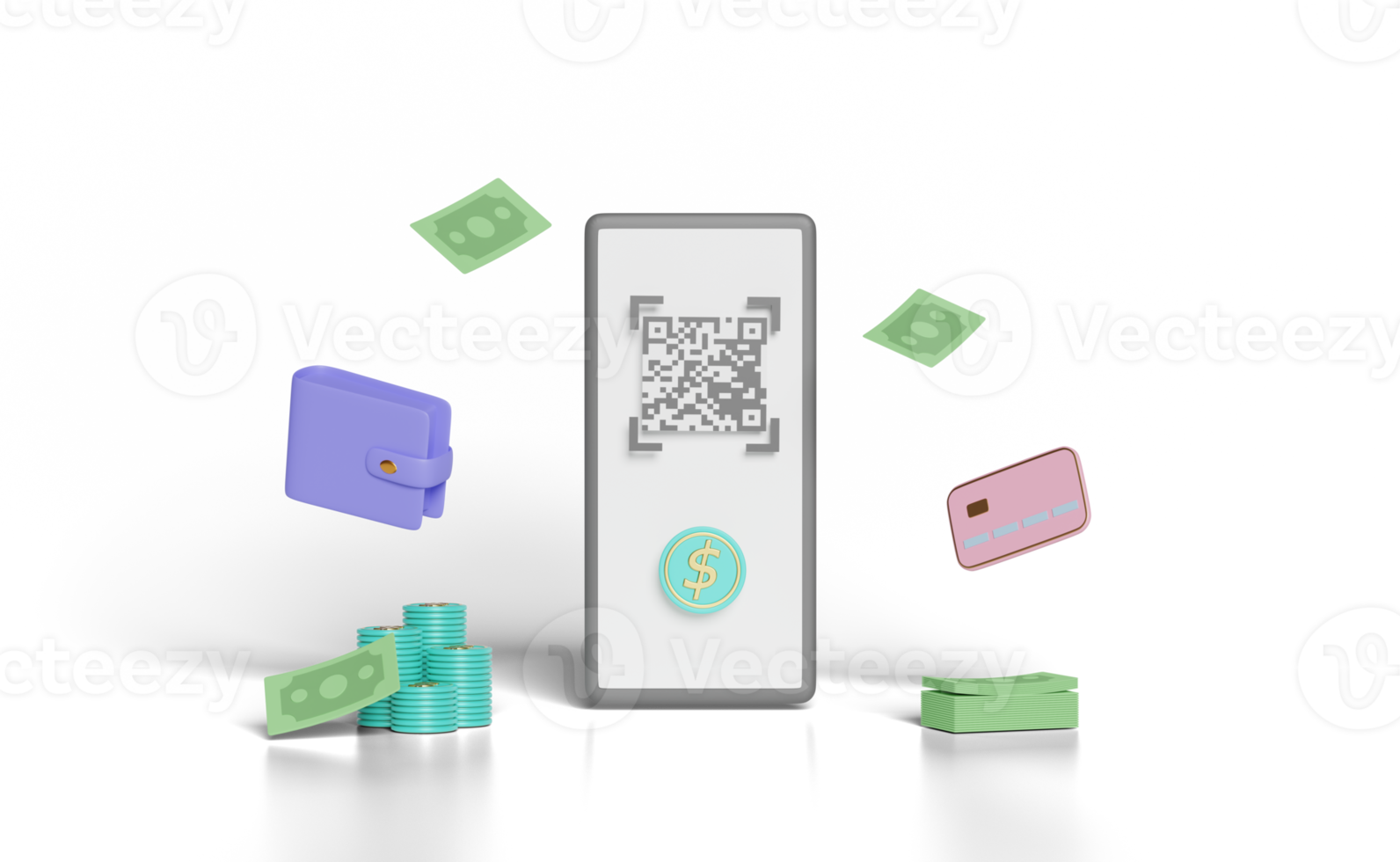 3d smartphone with qr code scanning, wallet, banknotes png