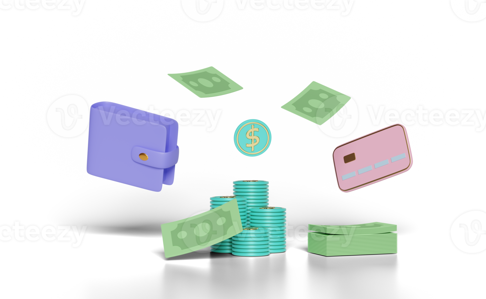3d stacked dollar coin with wallet, banknotes, credit card png