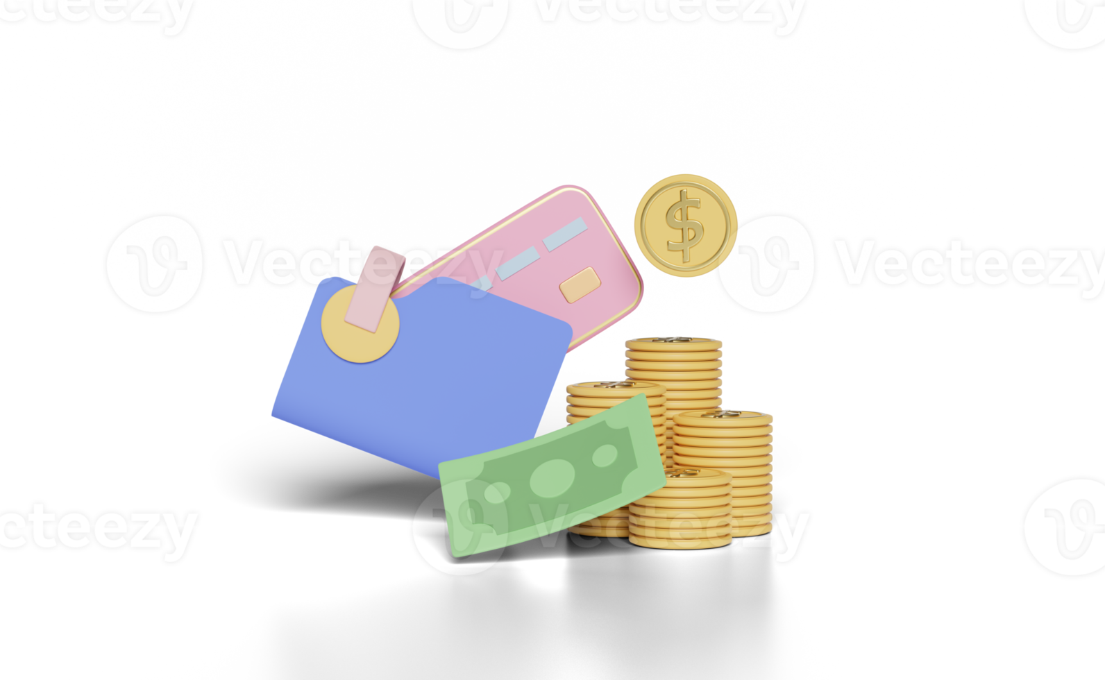 Moneda de dólar apilada en 3d con billetera, billetes, tarjeta de crédito png