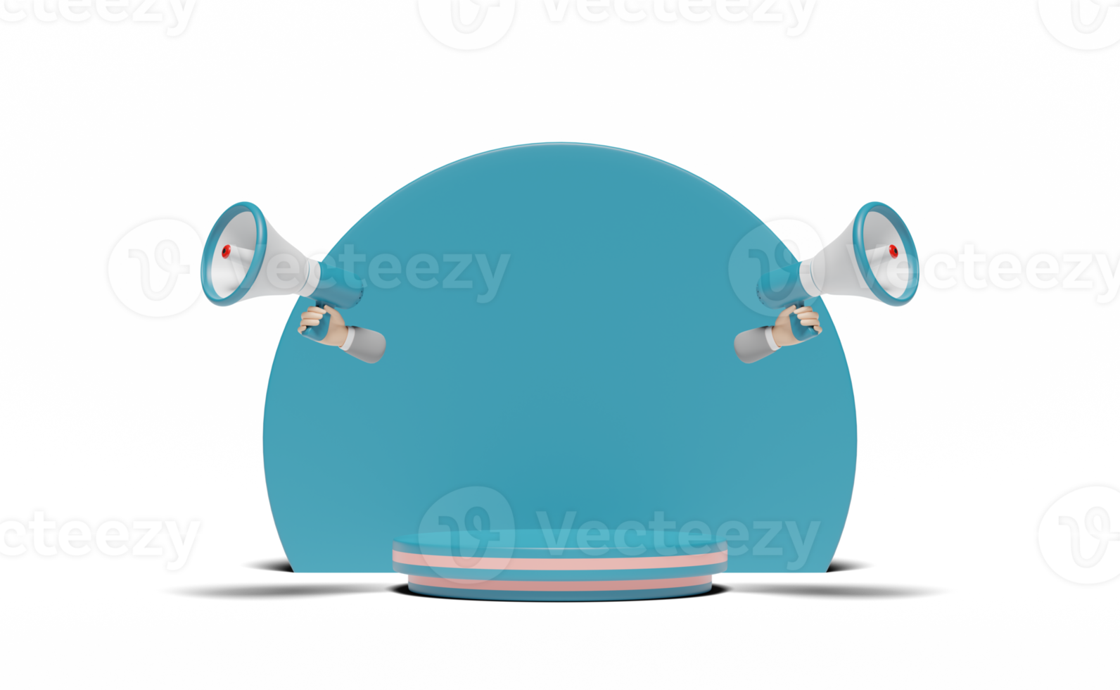 3d blue stage podium empty with hands holding megaphone png
