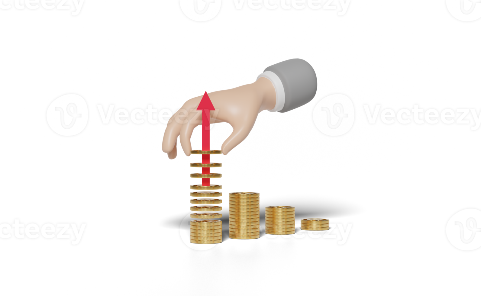 mãos de empresário 3d segurando pilha empilhada de moedas com setas png