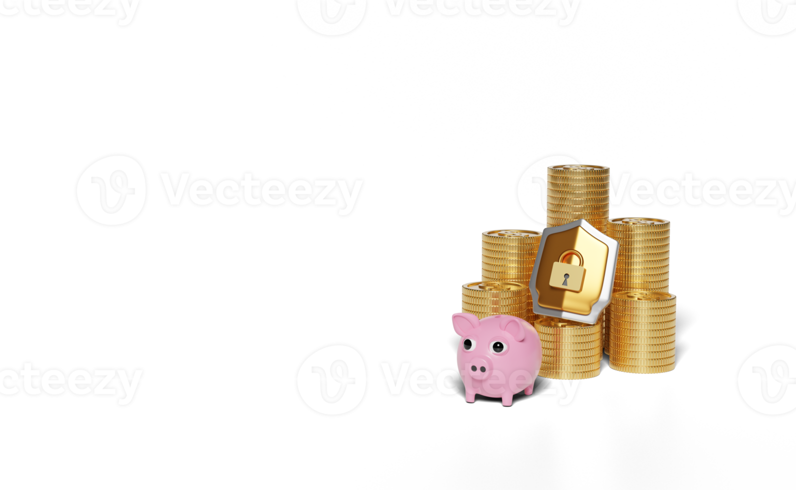 3d pink piggy bank with golden shield, stacked coin money png