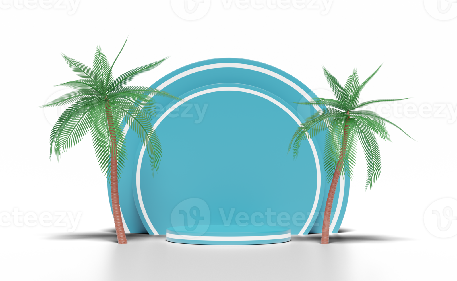 3d blue cylinder stage podium empty with coconut palm tree png