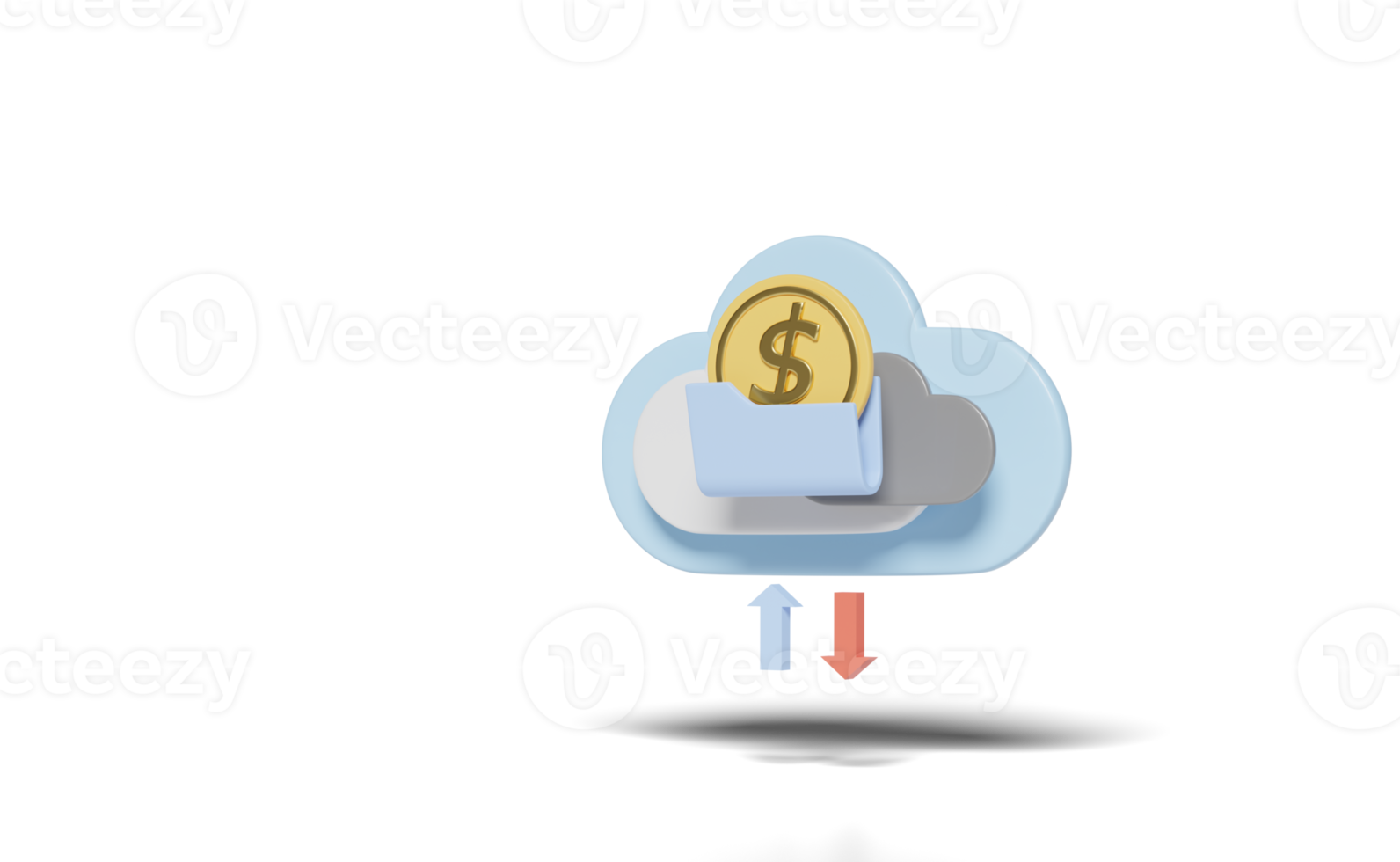 3d cloud folder with arrow, money coin isolated png