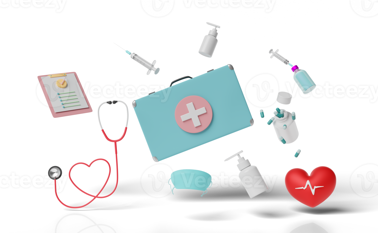 3d eerste steun uitrusting zak met controleren lijst, stethoscoop, injectiespuit png