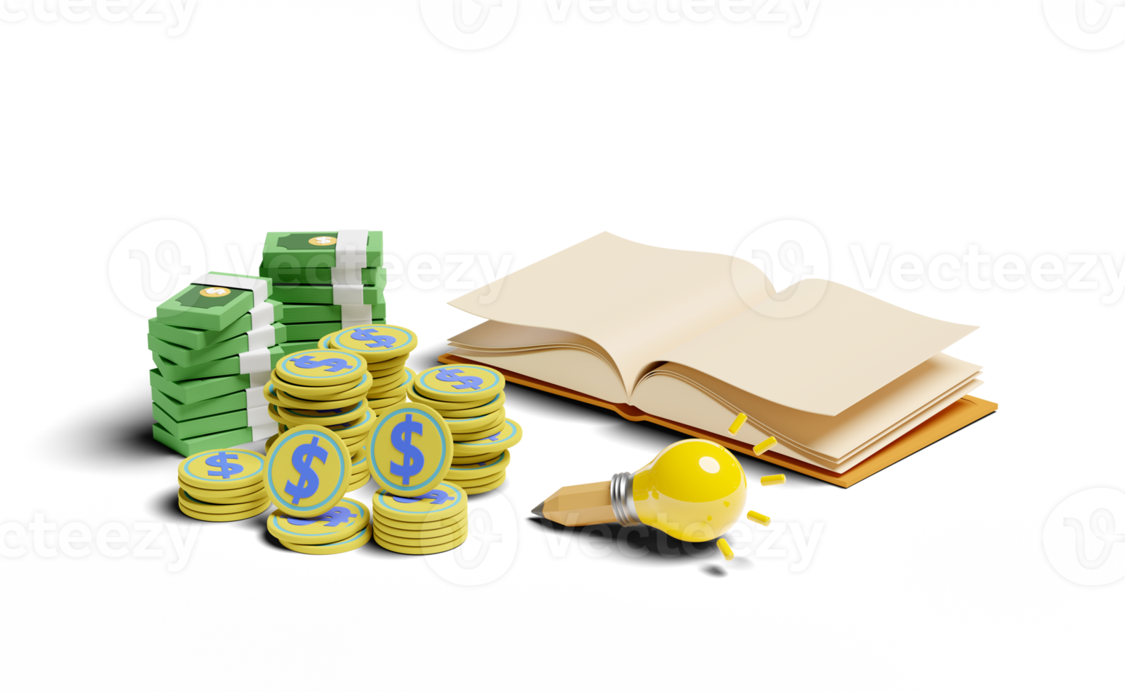 3d yellow light bulb with money banknote, coins stacks png