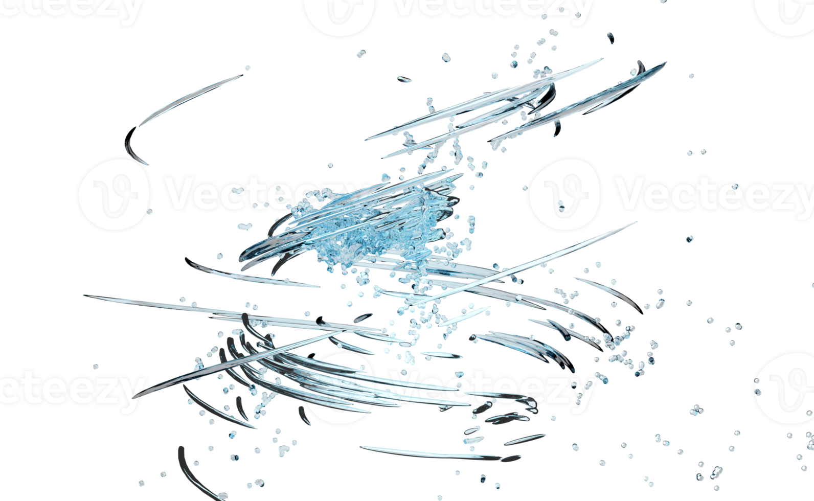 3D klares blaues Wasser verstreut, Wasserspritzer transparent, isoliert. 3D-Darstellung png