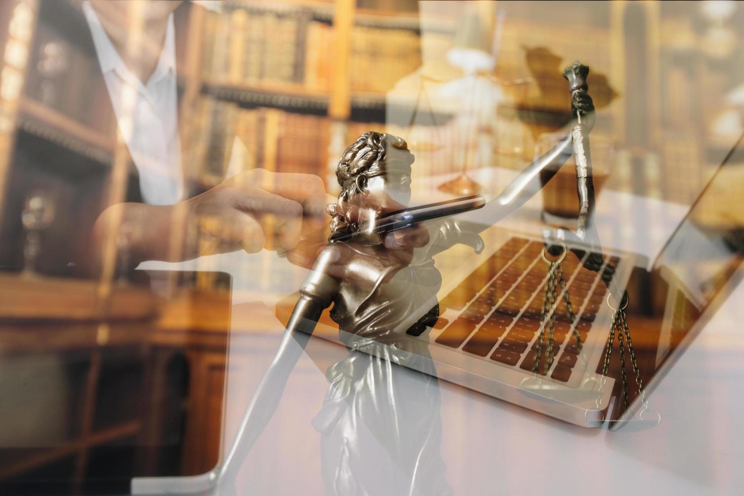 Business and lawyers discussing contract papers with brass scale on desk in office. Law, legal services, advice, justice and law concept picture with film grain effect photo