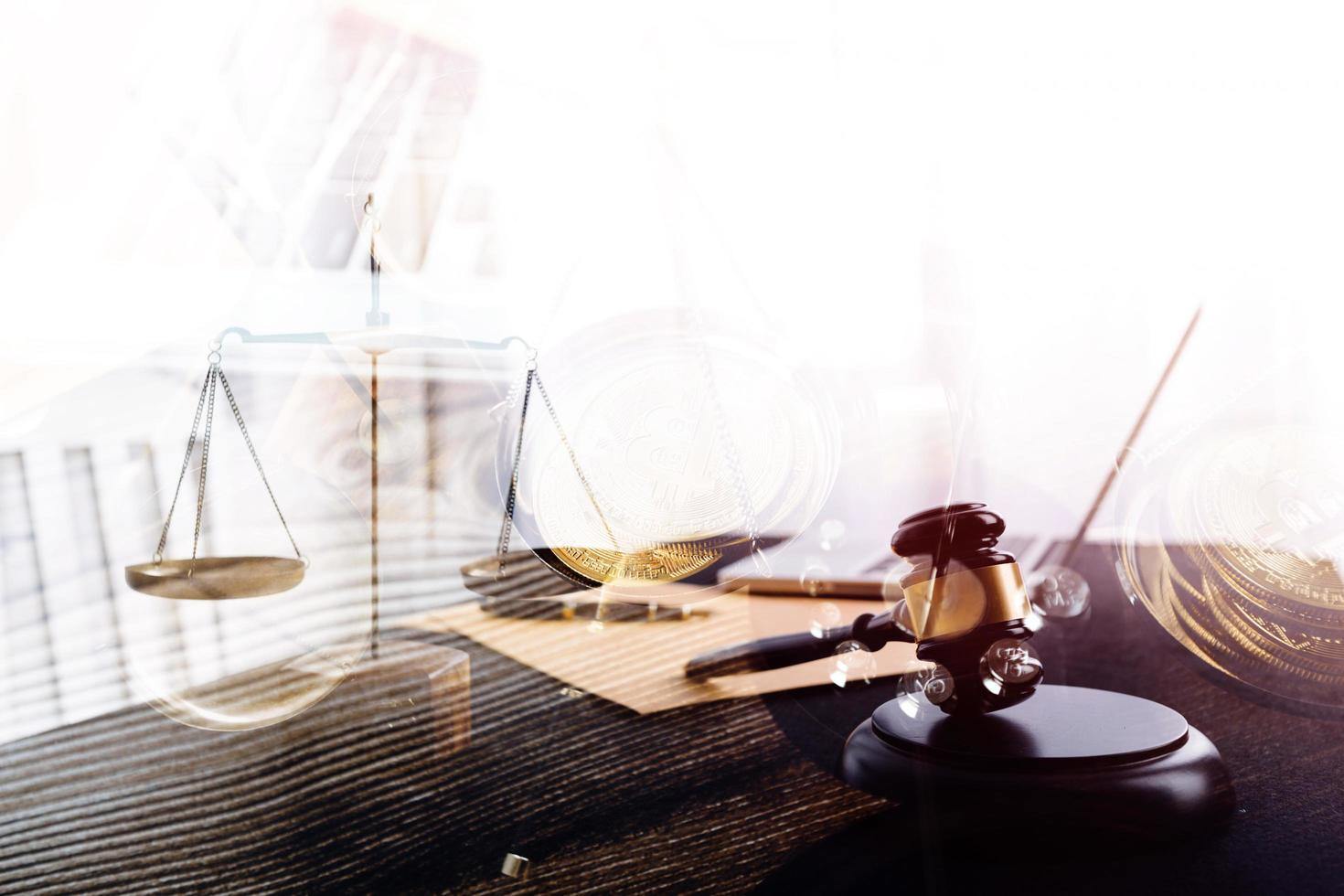 Business and lawyers discussing contract papers with brass scale on desk in office. Law, legal services, advice, justice and law concept picture with film grain effect photo