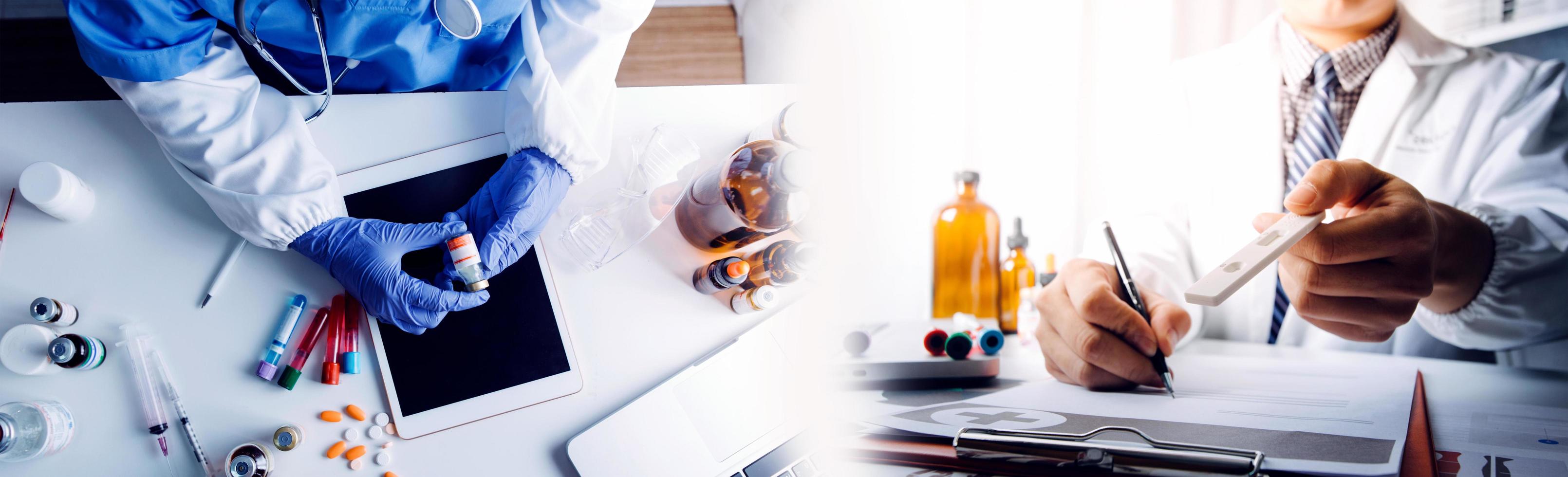 Medicine doctor hand working on a patients x-ray scans digital healthcare and connection with modern virtual screen interface icons, Medical technology and network concept. photo