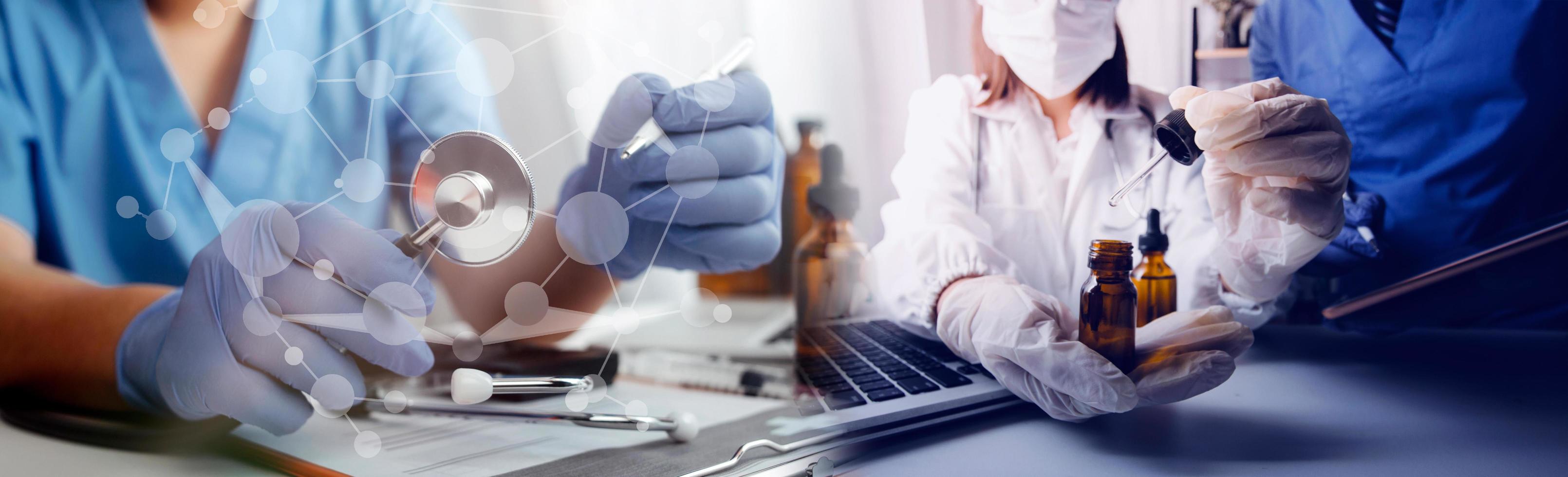 Medicine doctor hand working on a patients x-ray scans digital healthcare and connection with modern virtual screen interface icons, Medical technology and network concept. photo