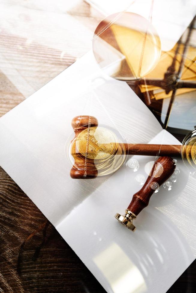 Business and lawyers discussing contract papers with brass scale on desk in office. Law, legal services, advice, justice and law concept picture with film grain effect photo