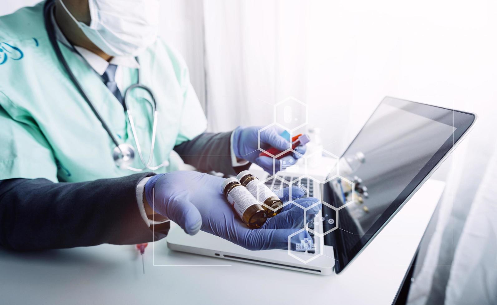 Medicine doctor hand working on a patients x-ray scans digital healthcare and connection with modern virtual screen interface icons, Medical technology and network concept. photo