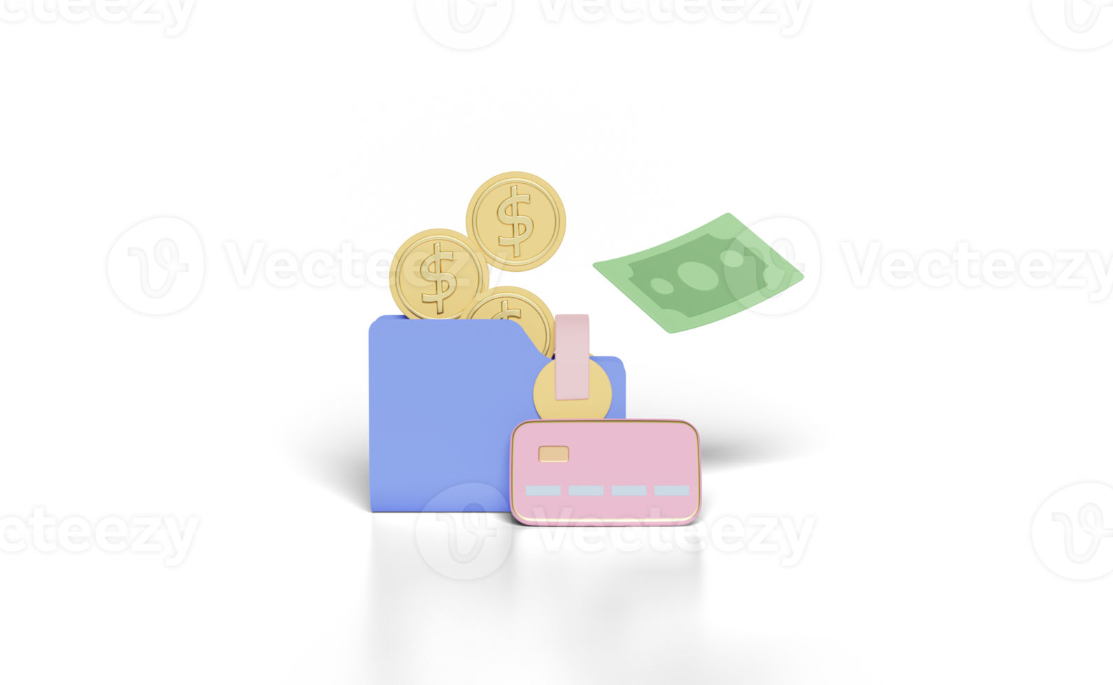 3d dollar coin with wallet, banknotes, credit card isolated png