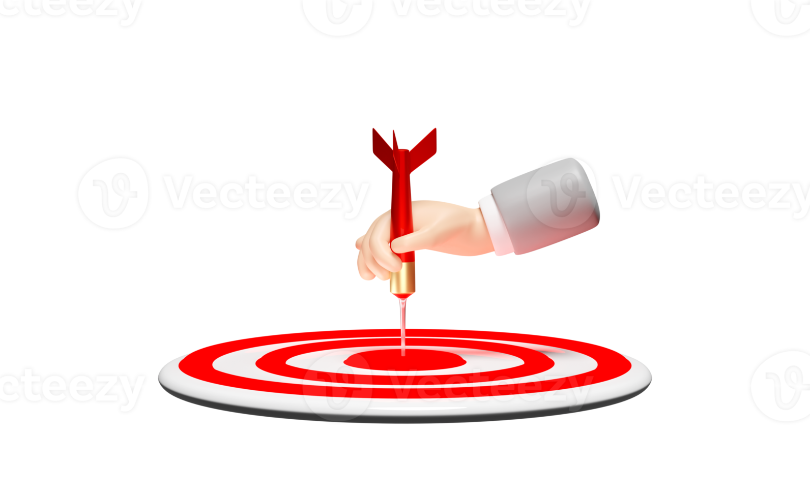 Objetivo rojo 3d con manos de hombre de negocios sosteniendo dardos o flechas aisladas. concepto de objetivo de negocio, ilustración de renderizado 3d png