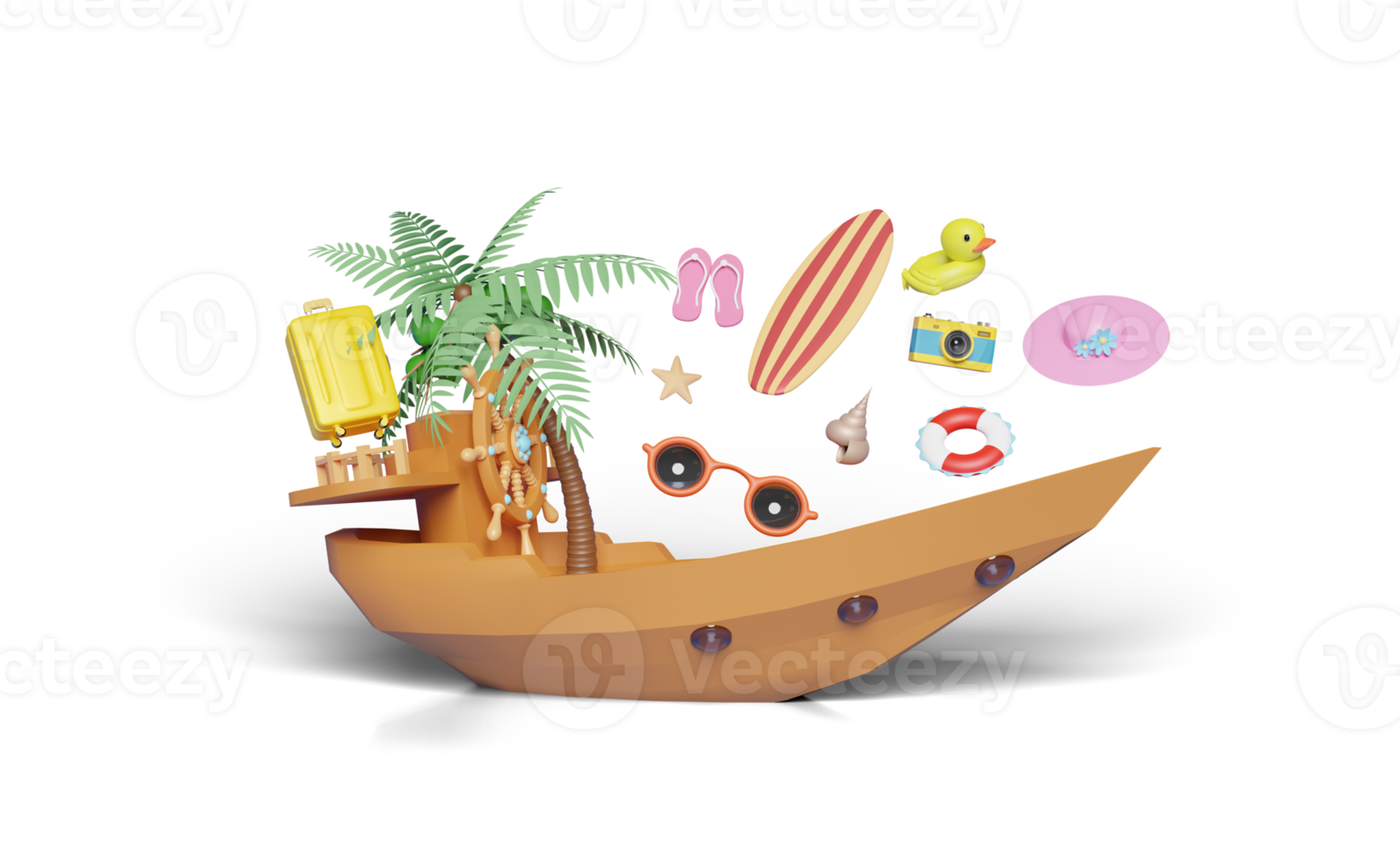 Viajes de verano 3d con timón de barco, maleta, palmera. png