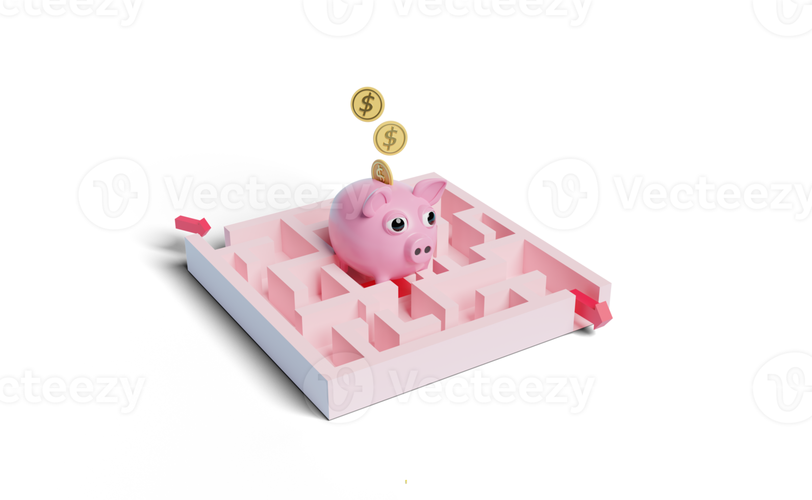 3d maze with piggy bank, coin money, arrows isolated png