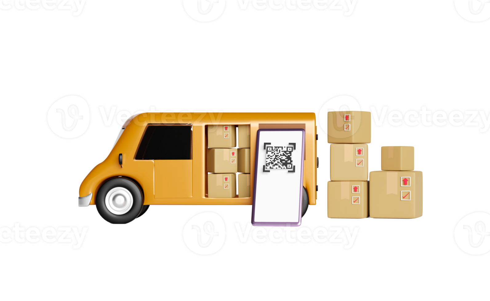 3d orange truck, delivery van with smartphone, qr code png