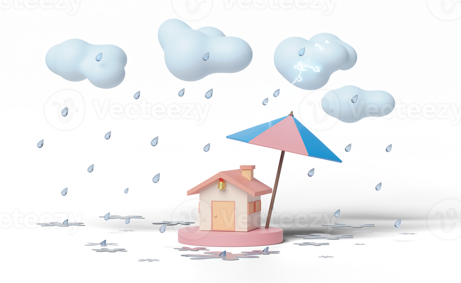 3d stage podium with house, umbrella, cloud, drop rain water png