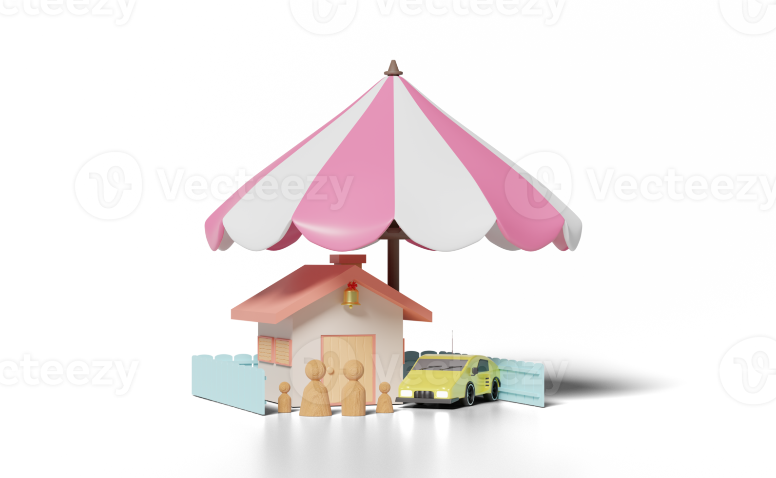 3d huis met houten pop figuren familie, paraplu, auto png