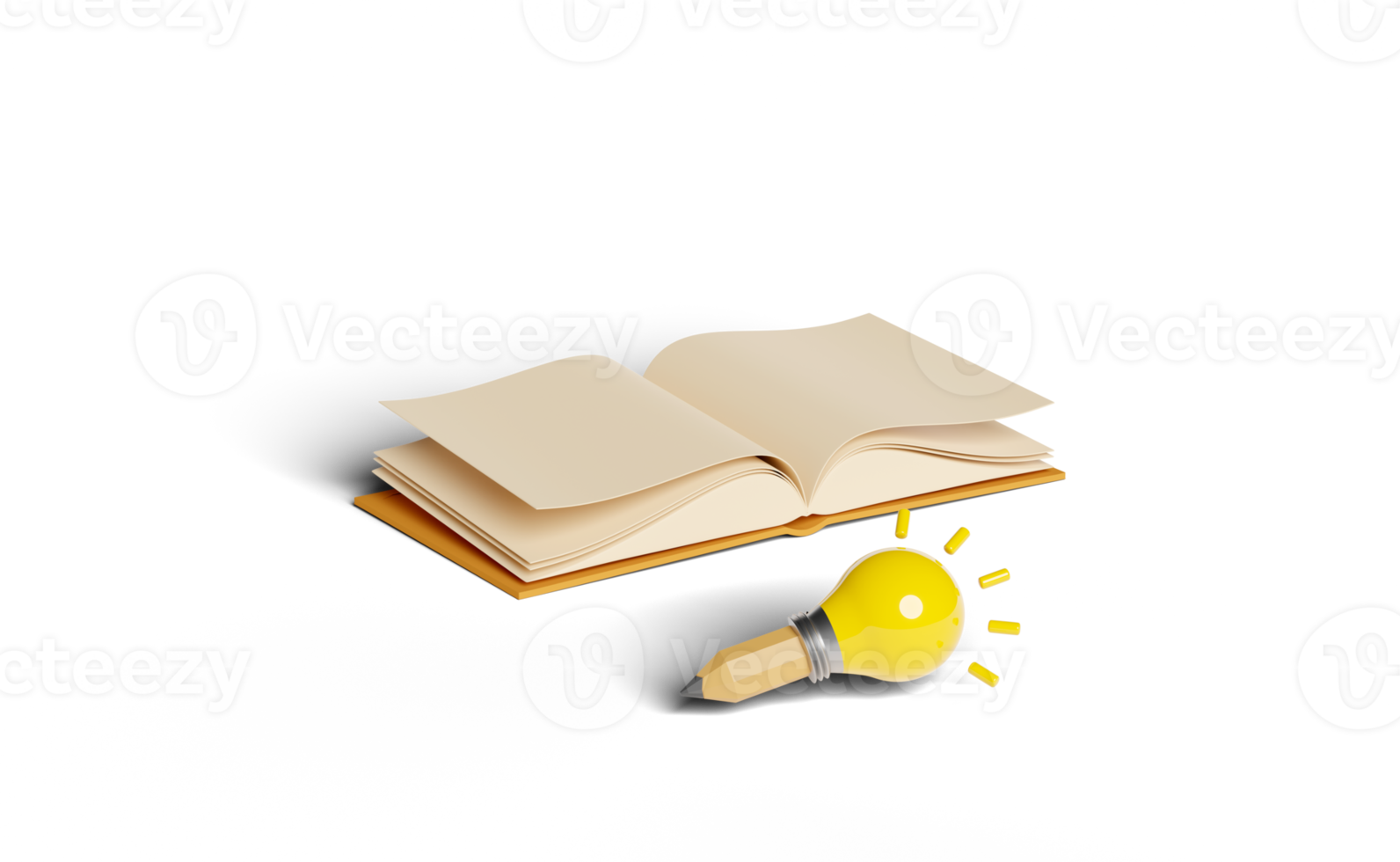 3D gelbe Glühbirne mit Bleistift, offenes Buch isoliert png