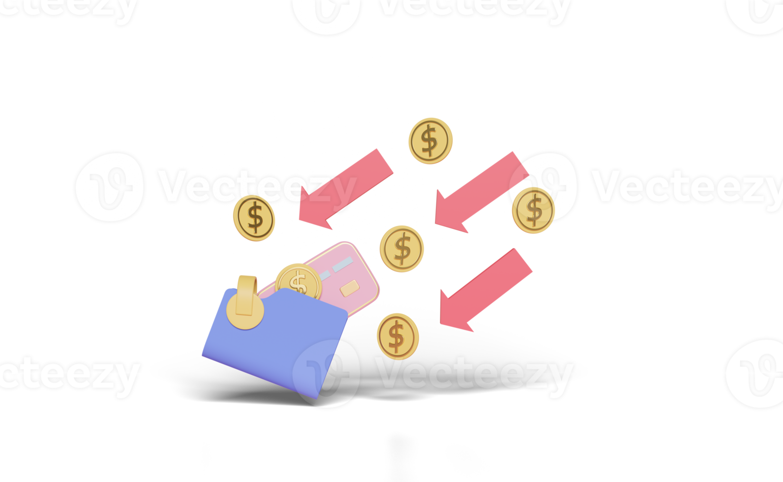 3d portemonnee met credit kaart, gestapeld munt geld geïsoleerd png