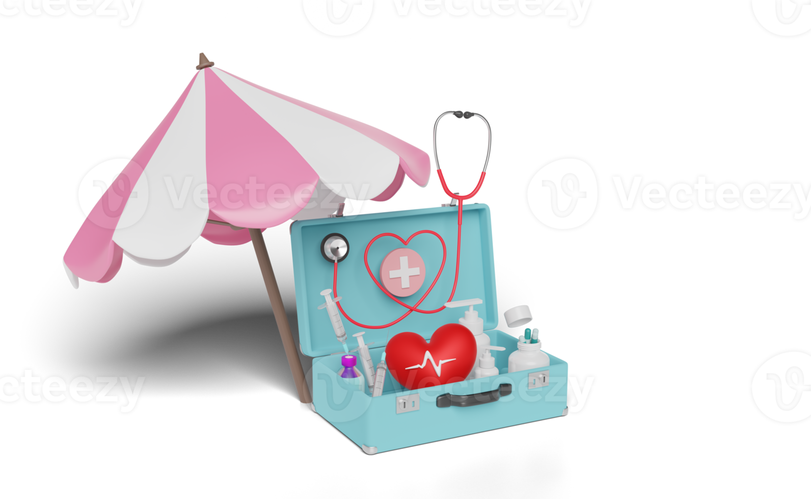 3d first aid kit bag with umbrella, stethoscope, syringe png