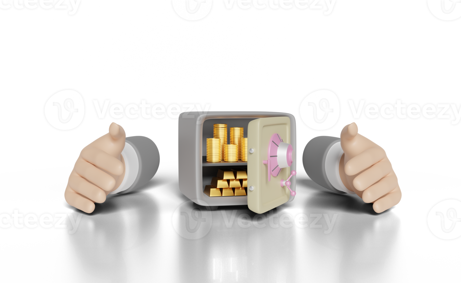 3d businessman hands protecting, open safe box png