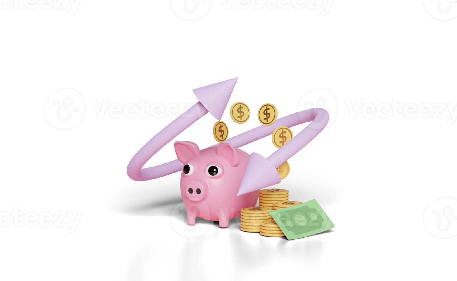 3d piggy bank with banknote, stacked coin money png