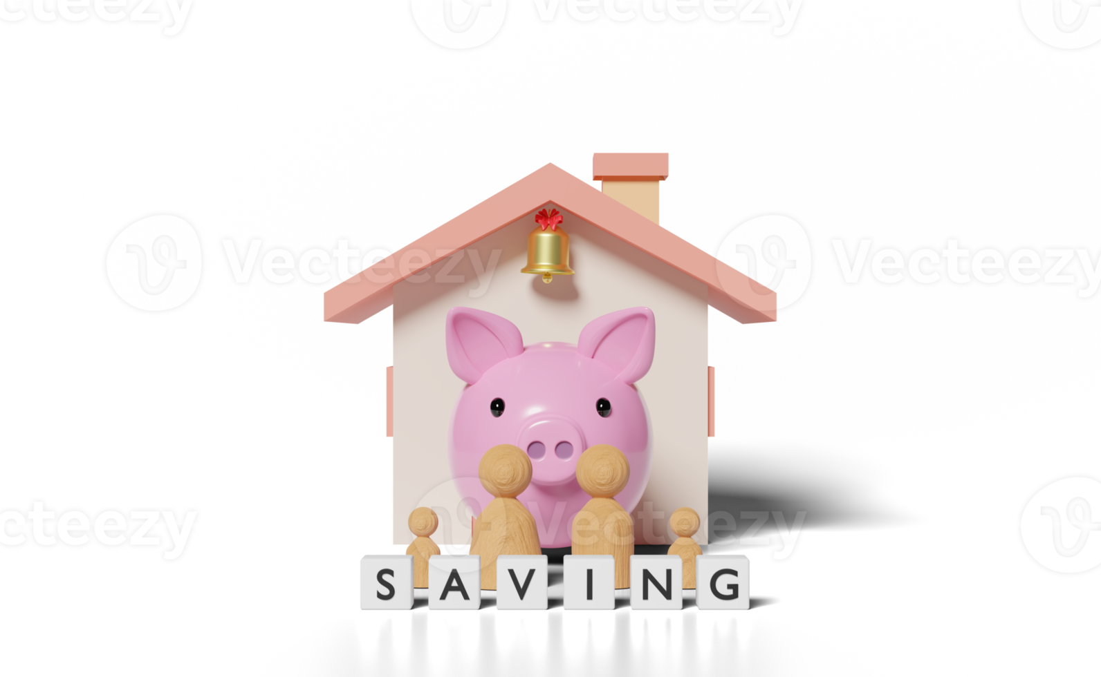 3d piggy bank with wooden doll figures house, family png