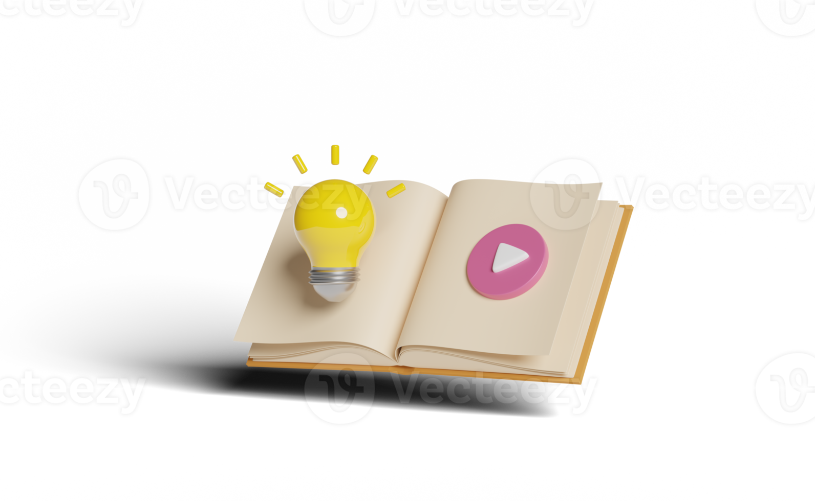 3d yellow light bulb with open book, play button isolated png