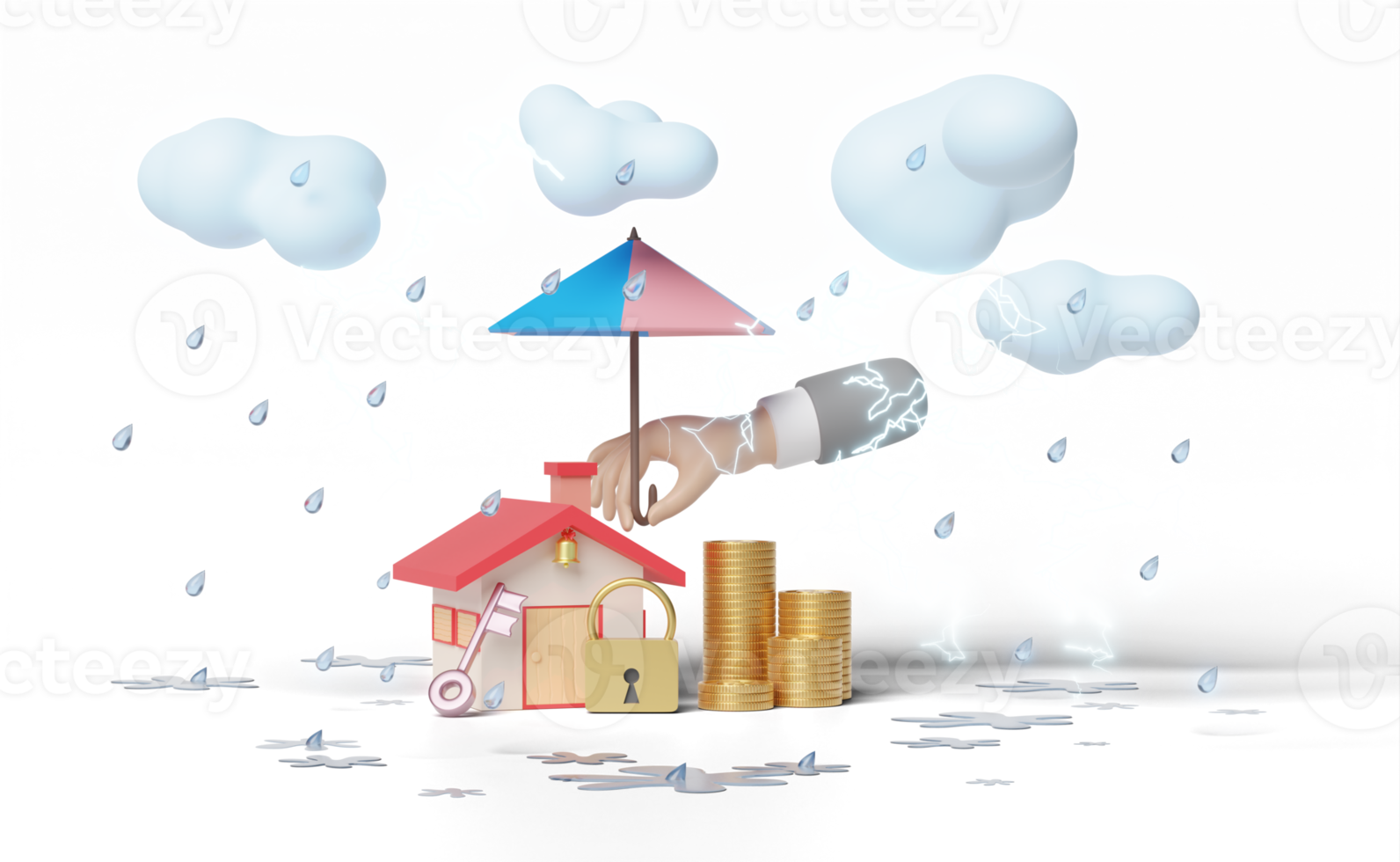 3d house with businessman hands holding umbrella png