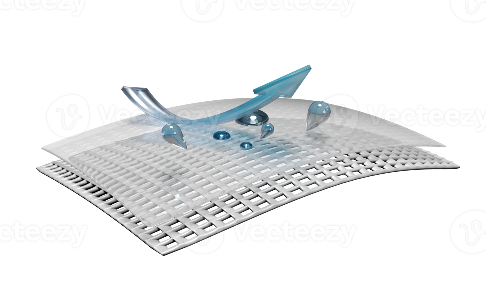 3d skiktad ark vattentät med material, tyg, sudd, filma transparent med pil, vatten droppar, minimal abstrakt, 3d framställa illustration, isolerat png