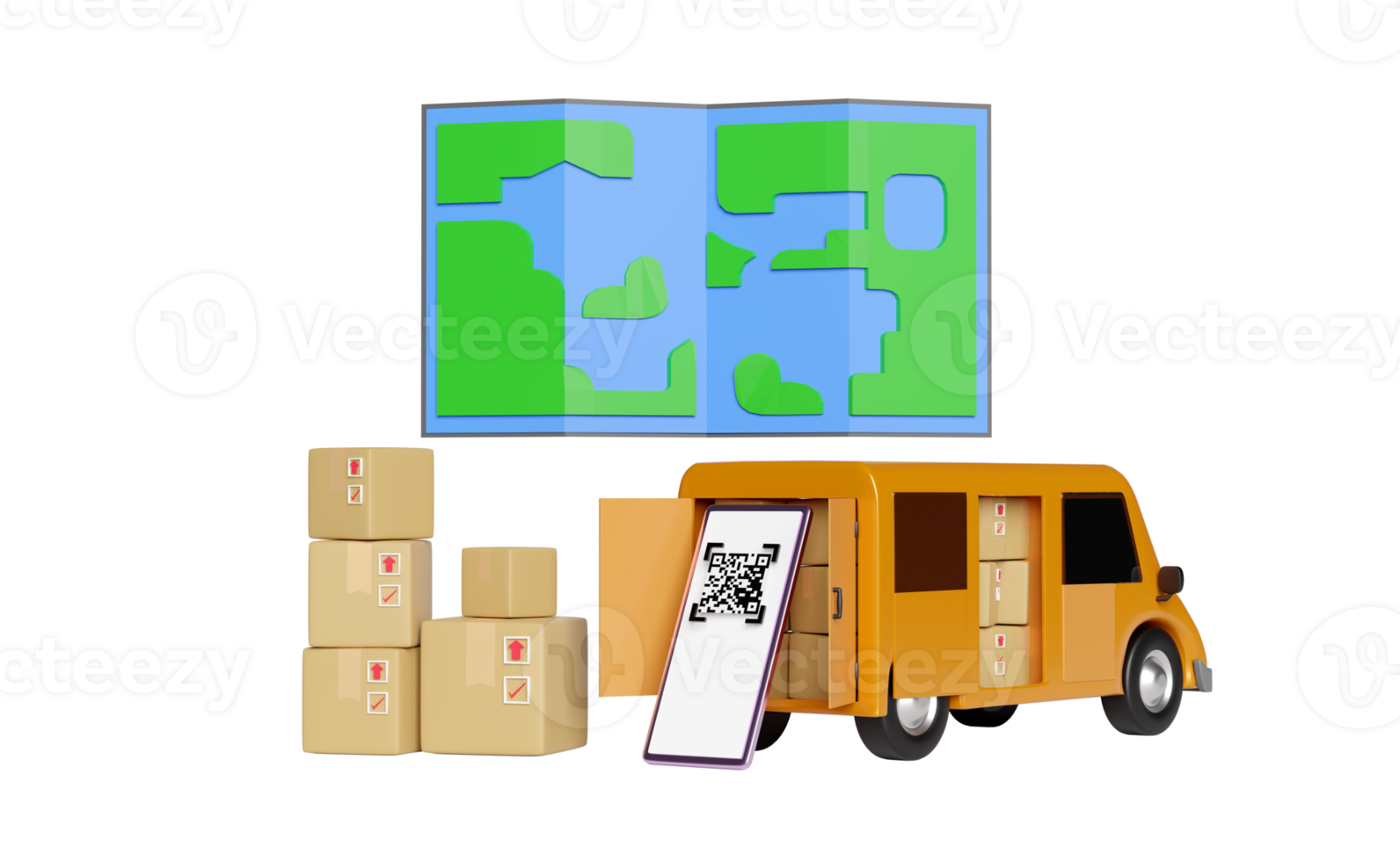 camión naranja 3d, furgoneta de reparto con teléfono inteligente, mapa, código qr png