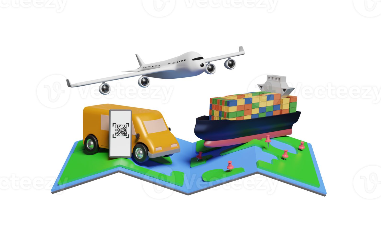 3d delivery van with ship, plane, smartphone, map png