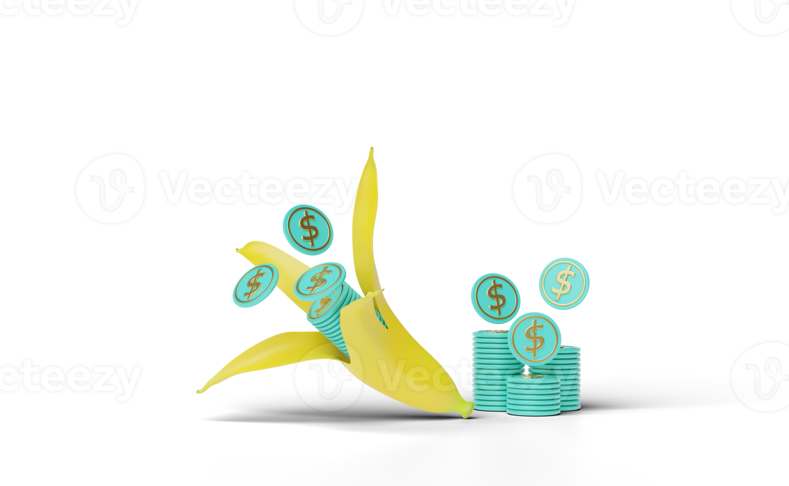 3d geel banaan met geld gestapeld munt geïsoleerd png