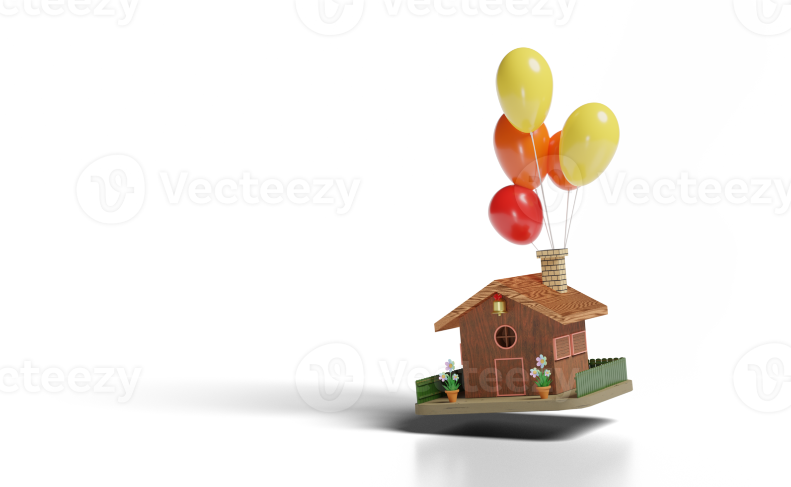 3D model wooden house with balloon, flower pot, fence png