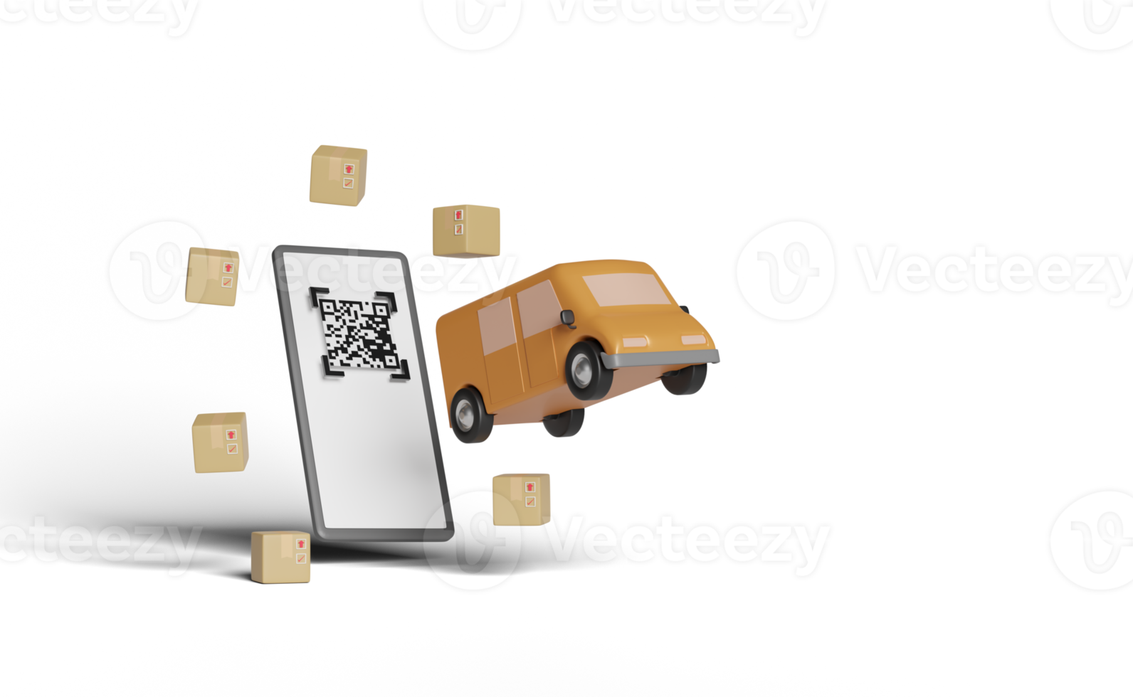 3d orange truck, delivery van with smartphone, qr code scan png