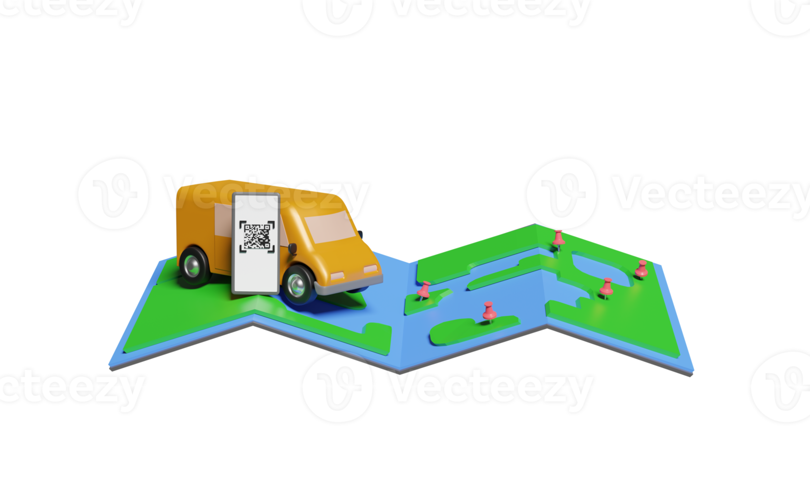 3d delivery van with smartphone, map, pins, qr code scanning png