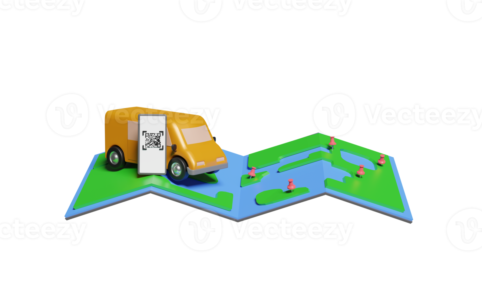 3d consegna furgone con smartphone, carta geografica, spille, qr codice lettura png