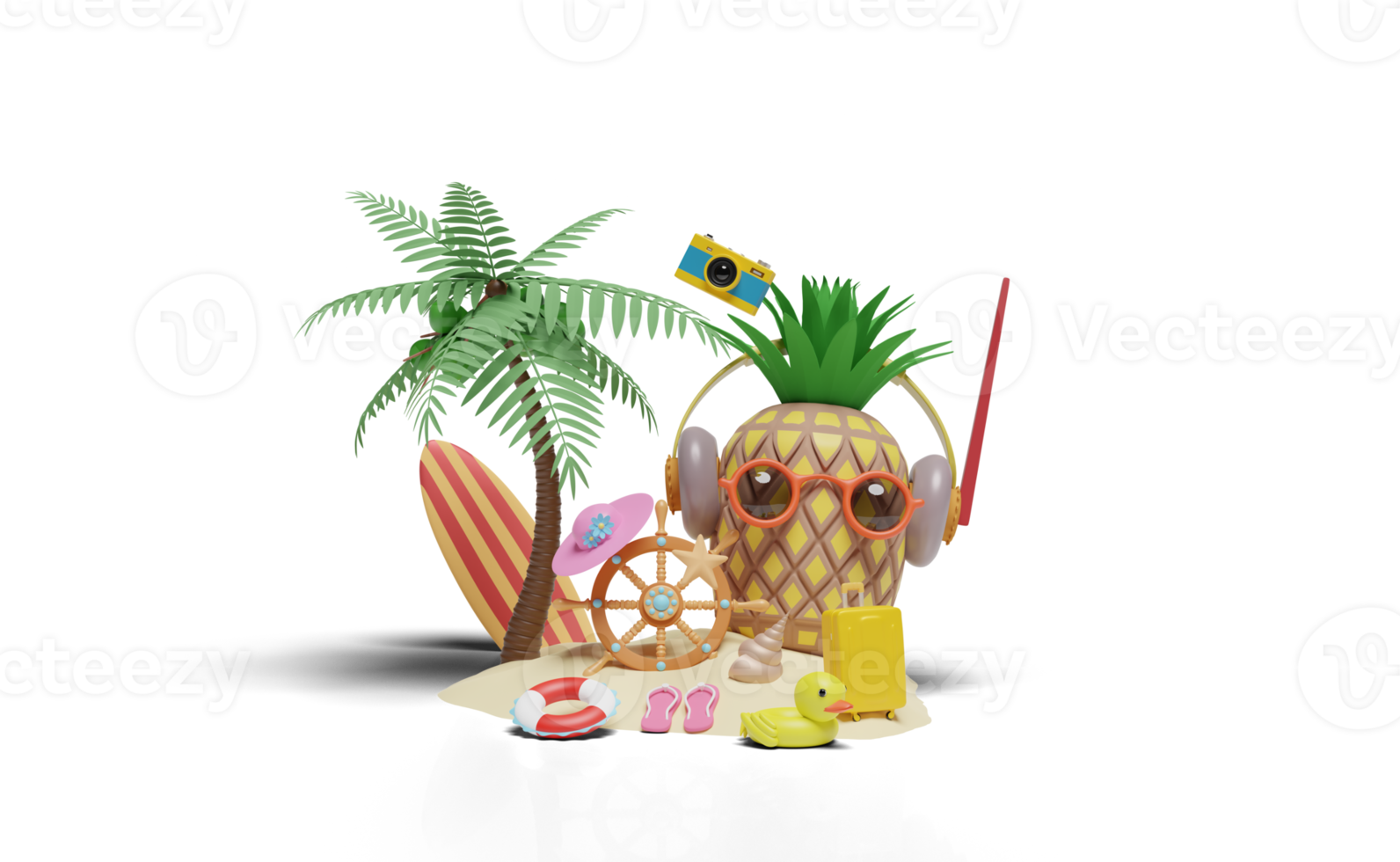 3d zomer reizen met ananas, roer, surfplank, palm boom png