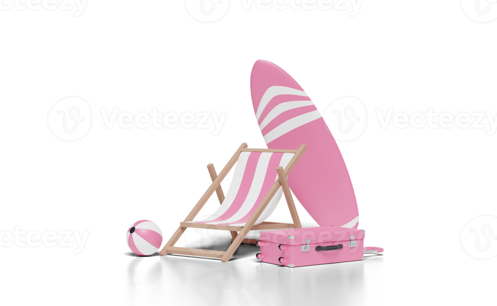 3d summer travel with suitcase, beach chair, ball, surfboard png