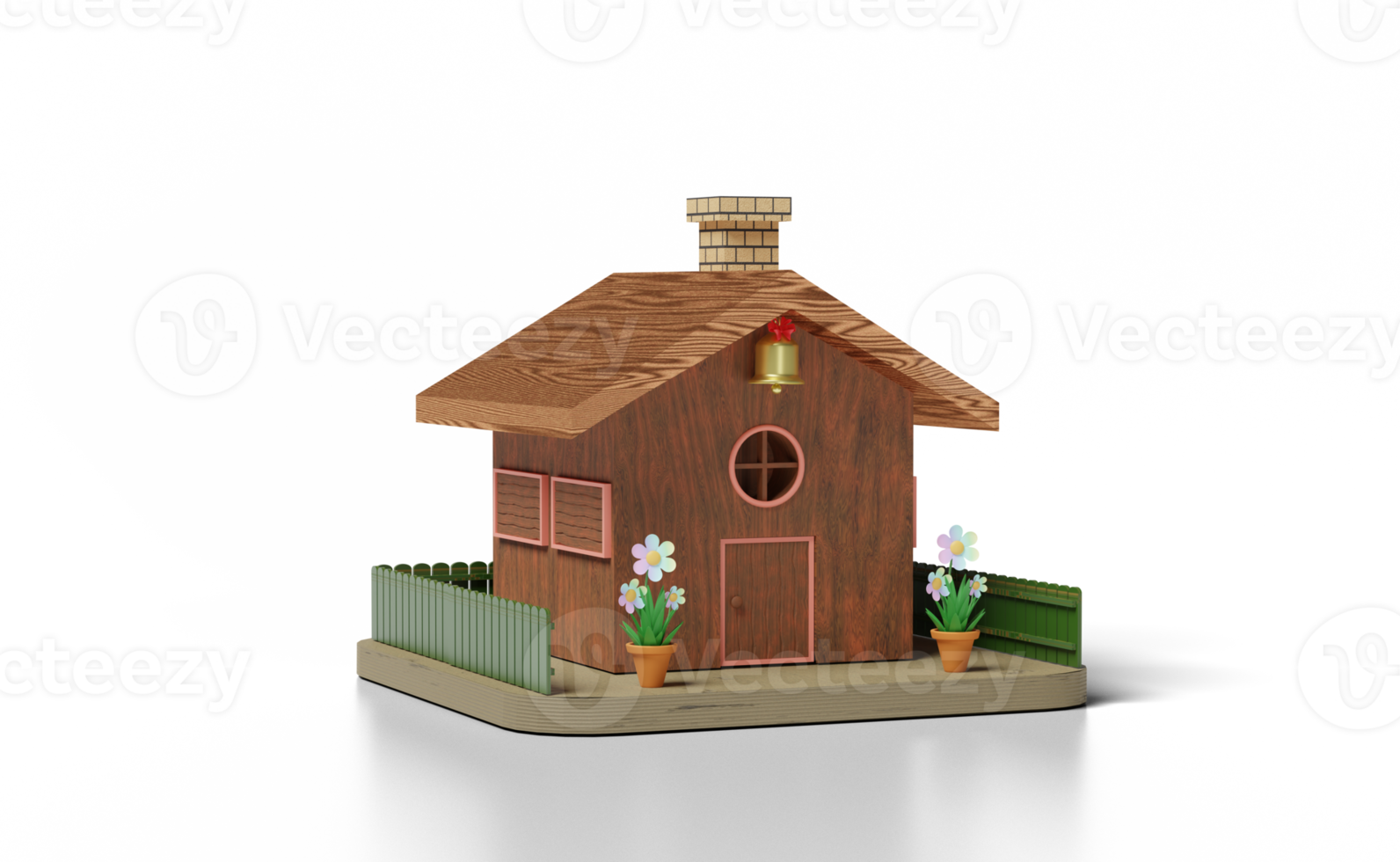 3D model wooden house with flower pot, fence isolated png