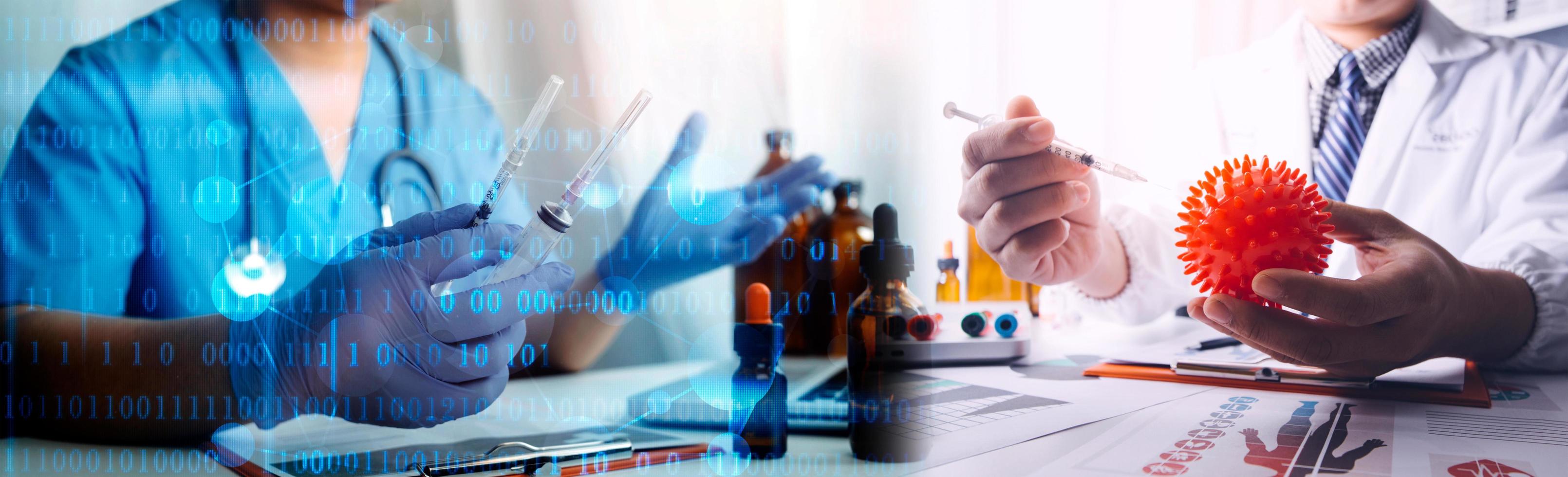 Medicine doctor hand working on a patients x-ray scans digital healthcare and connection with modern virtual screen interface icons, Medical technology and network concept. photo