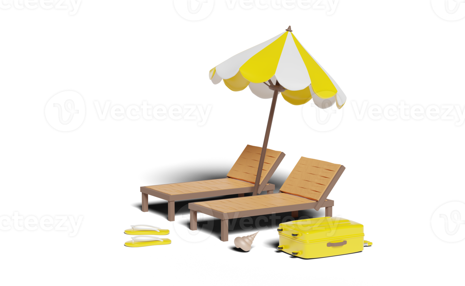 3d summer travel with yellow suitcase, beach chair, umbrella png