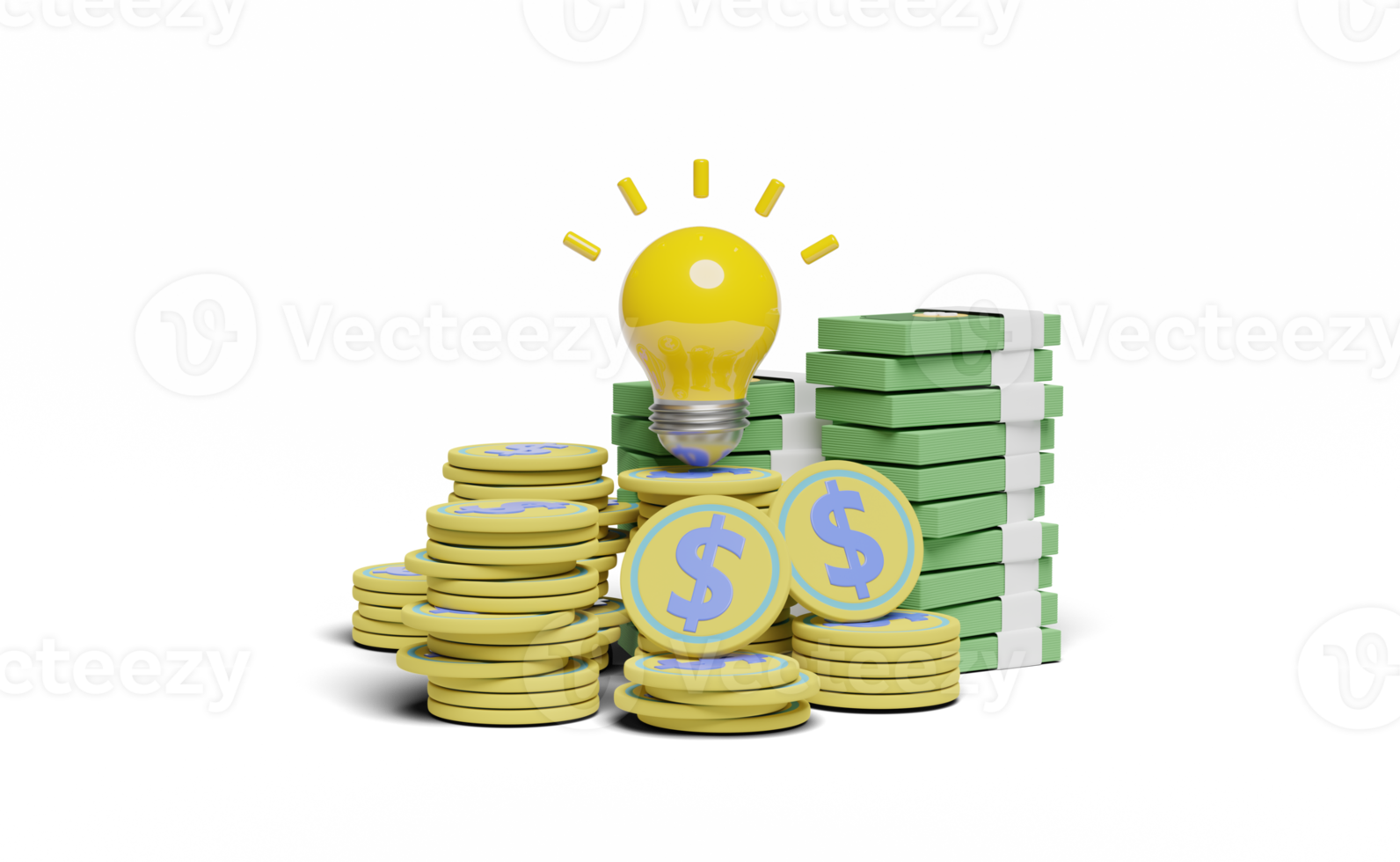 3d Money banknote with yellow light bulb, coins stacks png