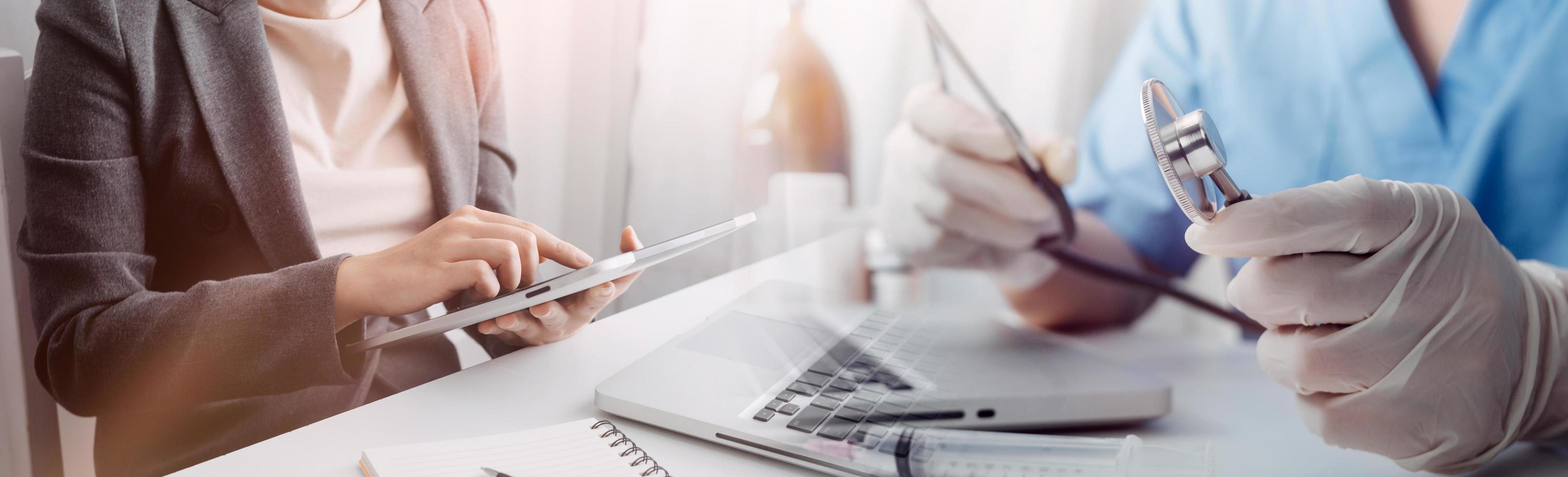 Double exposure of technology healthcare And Medicine concept. Doctors using digital tablet and modern virtual screen interface icons panoramic banner, blurred background. photo