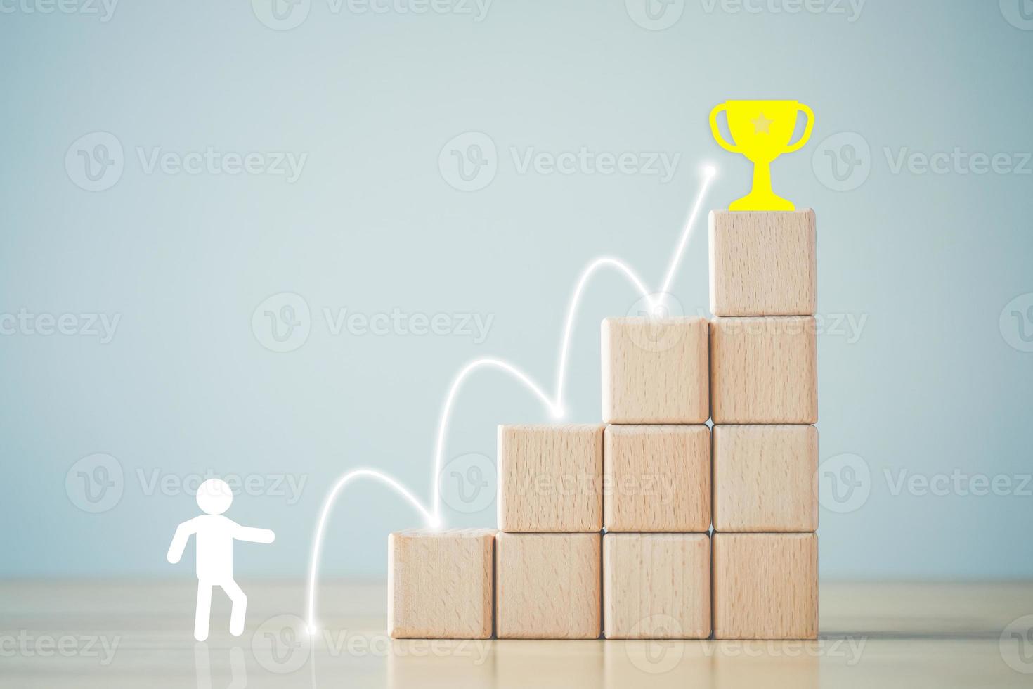 Goals achievement and business success. Rises up stairs to target. Human improvement. Reward on top of stack and human icon with line jump on ladder. Growth up to top overcoming challenges. photo